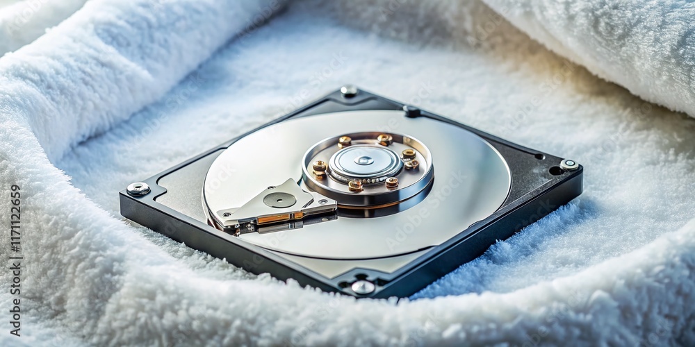 Poster shiny hard drive resting on a soft bath towel - data backup concept stock photo