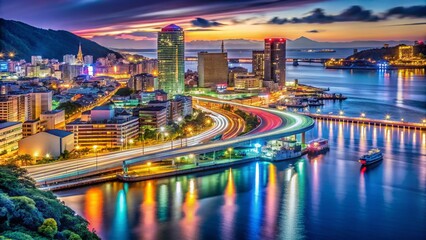 Shin Kobe Night Lights Long Exposure, Port Cityscape, Japan