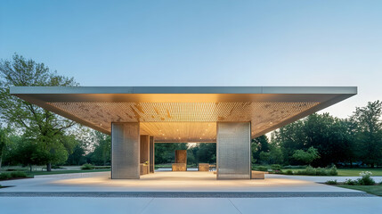 Open-air pavilion with cantilevered roof and perforated steel panels, set in a contemporary desert landscape