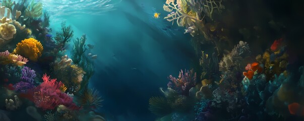 Fototapeta premium Lush Coral Reef Teeming with Vibrant Marine Life and Colorful Sponges