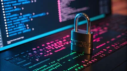 Cybersecurity, a locked lock against a backdrop of complex digital codes and algorithms, emphasizing the theme of online security. Digital lock.