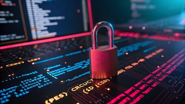 Cybersecurity, a locked lock against a backdrop of complex digital codes and algorithms, emphasizing the theme of online security. Digital lock.