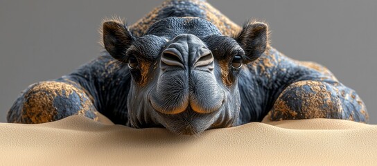 Close-up of a dromedary camel resting in the sand, looking at the camera.