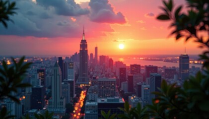 Obraz premium Dazzling cityscape at sunset with blurred trees and a beautiful bokeh effect, light, architecture, glow