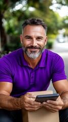 Fototapeta premium Smiling middle-aged man in purple shirt uses tablet while sitting on a package outdoors.