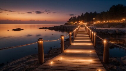 Obraz premium Illuminated boardwalk leading to a tranquil seaside retreat at sunset. Perfect for relaxation and escape.