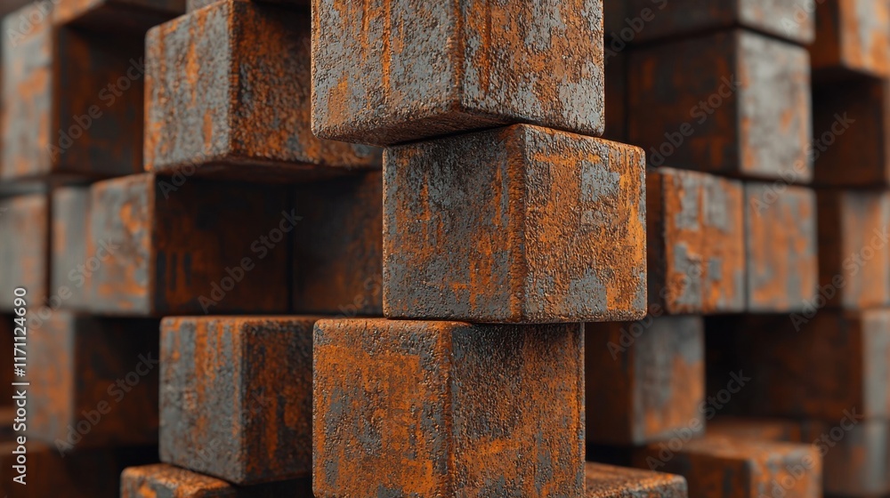 Poster Rusted Metallic Geometric Cube Blocks Forming Abstract Architectural Design