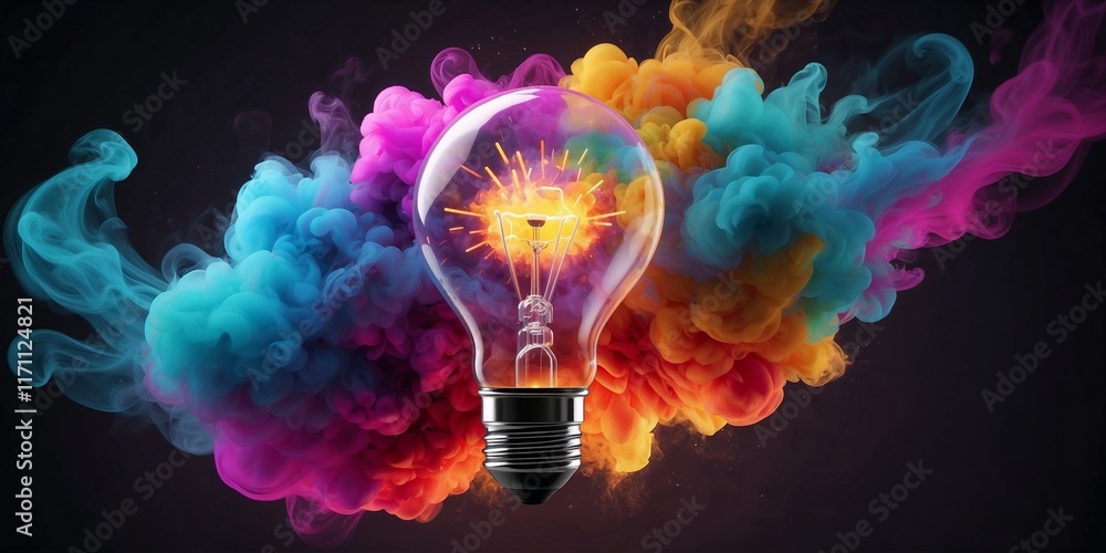 Poster bright lightbulb exploding with vibrant color, symbolizing creativity and innovation. a burst of ene