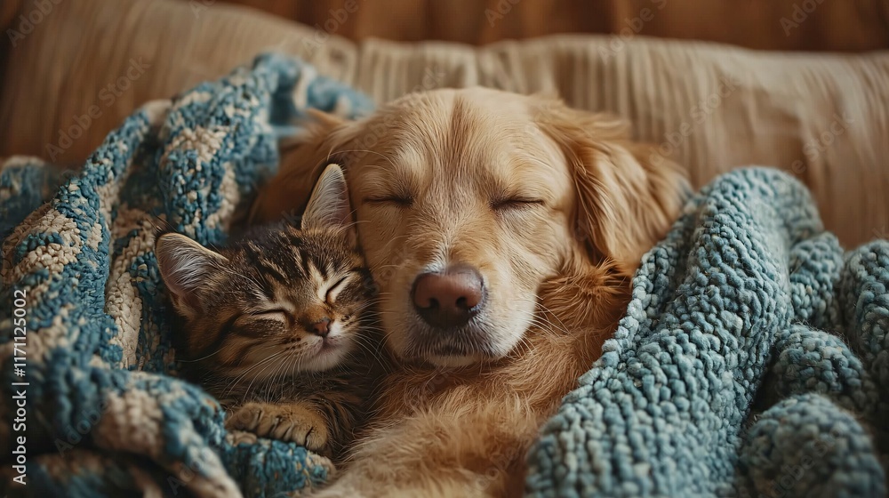 Poster pet insurance plans adorable puppy and kitten together on a couch symbolizing comprehensive coverage