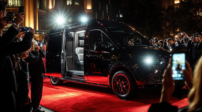 Journalists photographing modern luxury van on red carpet premiere