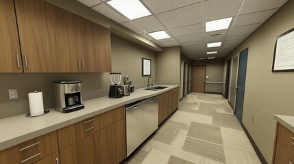 Modern office kitchen with appliances and a clean workspace.
