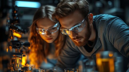 Scientists collaborate on experiment in lab at night