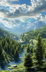 Majestic Mountain River Landscape with Lush Pine Forest and Snow-Capped Peaks evokes tranquility and awe.