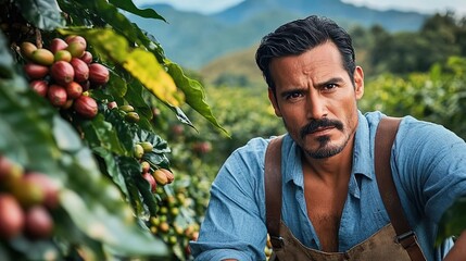 A portrait of a Latin American coffee farmer on his farm, posing for the camera while picking up many red coffee beans from the trees. 