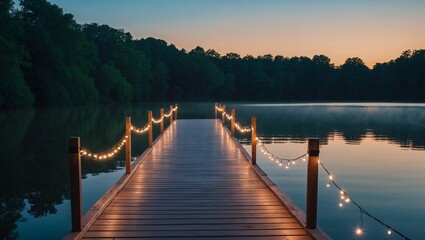 Tranquil evening scene: A wooden dock adorned with fairy lights extends over a serene lake, surrounded by lush trees under a twilight sky.