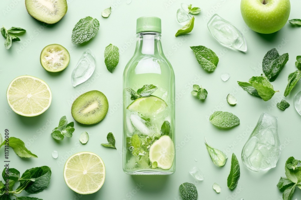 Poster a clean, modern design of a green juice bottle with an abstract pattern of leaves and fruits