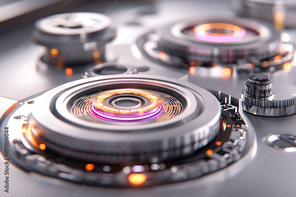 Poster intricate close-up of futuristic mechanical components with glowing circular elements