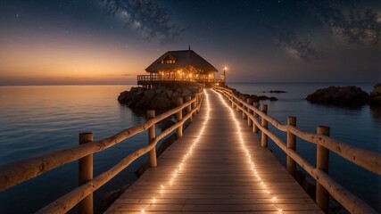 Fototapeta premium Romantic seaside house at night, illuminated pathway leading to it under a starry sky. Tranquil escape.