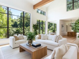 Fototapeta premium Bright and Airy Modern Living Room with Large Windows Overlooking Lush Green Landscape