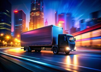 Silhouette of Fast Delivery Truck, Neon Cityscape, Night Cargo Transport