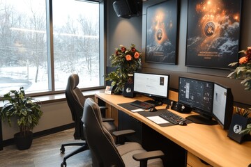 A corporate interview setting, with motivational posters on the walls and a professional atmosphere in the room