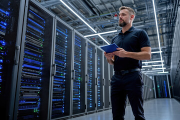Fototapeta premium It technician monitoring server status in data center with tablet
