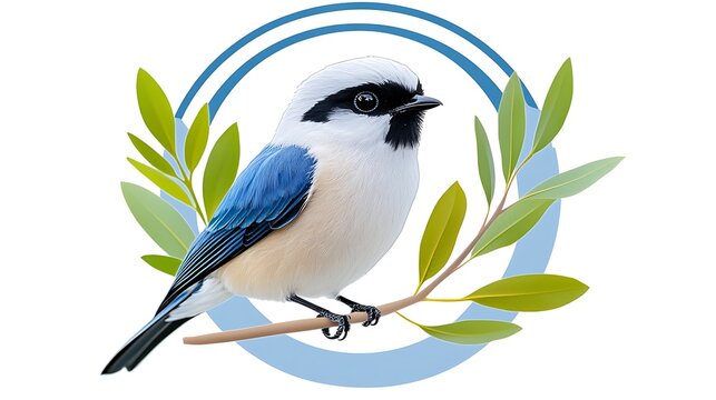 Blue winged Minla Bird on Branch  Nature Illustration  Wildlife Art