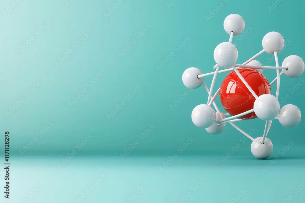 Poster abstract representation of an atom with colorful spheres on a smooth turquoise background