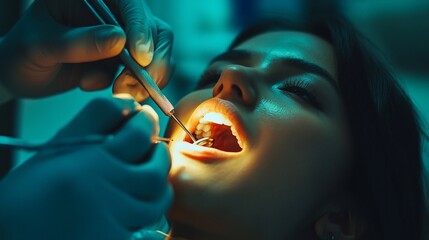 A dental procedure in progress, focusing on a patient's mouth and dental tools.