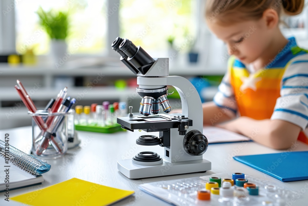 Poster young girl engaged in science experiment with microscope and lab materials in classroom setting