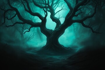 A dark and gothic jungle with twisted vines, shadowy creatures, and an eerie glowing fog enveloping the scene