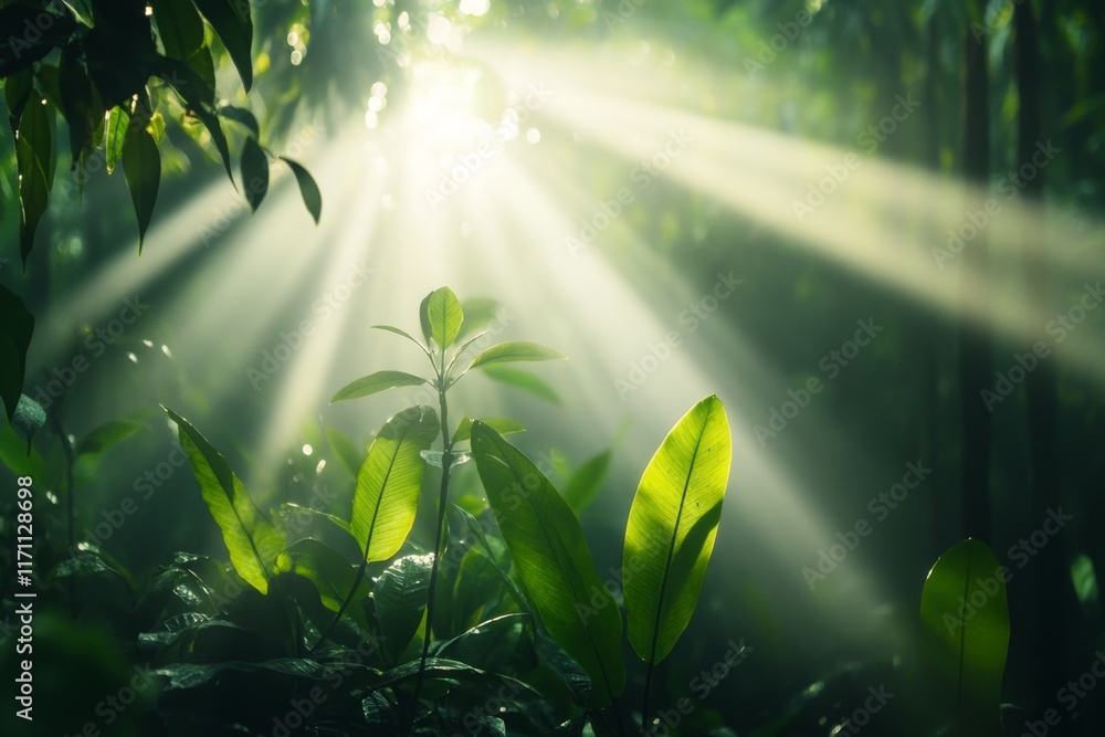Aufkleber a dense jungle with tall trees, thick underbrush, and sunlight filtering through the canopy, creatin