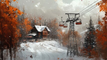 Ski lift in ski resort in winter season.