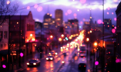 Fototapeta premium Blurred city street at dusk with bokeh, ideal for urban backgrounds