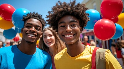 Happy diverse teens smiling at camera with balloons.
