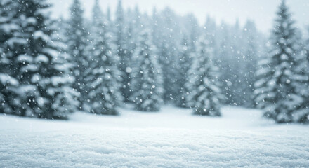 Serene Snow-Covered Pine Forest with Gently Falling Snow in a Tranquil Winter Setting
