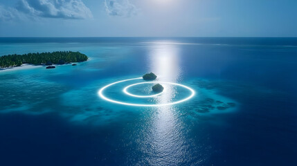 Tropical island paradise, aerial view, ocean, sunlight, serene, calm, escape, travel, vacation, promotional material