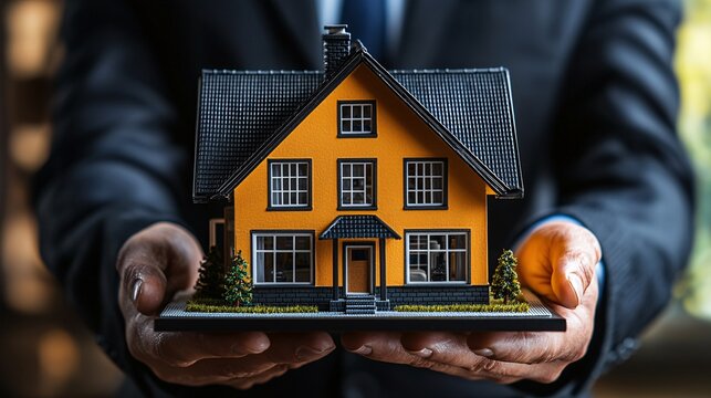 Insurance Risk Assessment insurance agent holding a model house while discussing risk coverage options Stock Photo with side copy space