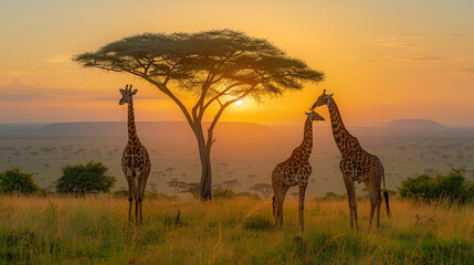 Tall beautiful giraffe walking in African savannah at sunset. Saving giraffes in the wild in savannah.
