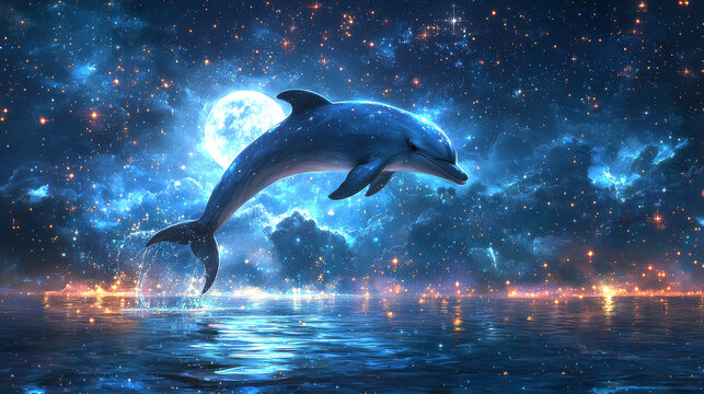 Surreal cosmic dolphin swimming through a vibrant galaxy symbolizing imagination, freedom, and exploration in a mystical universe