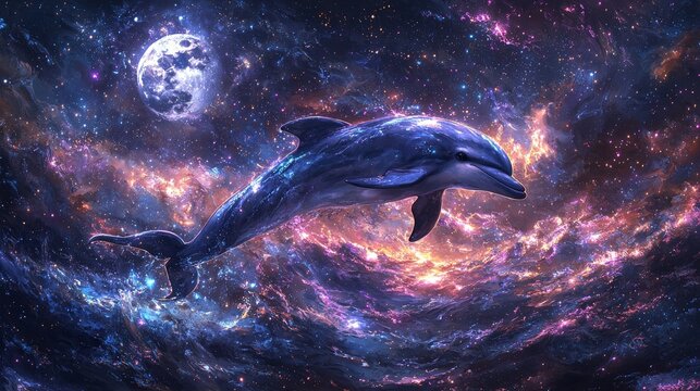 Surreal cosmic dolphin swimming through a vibrant galaxy symbolizing imagination, freedom, and exploration in a mystical universe