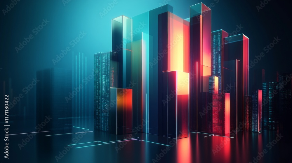 Poster a modern d financial bar graph with interconnecting bars, symbolizing relationships between differen