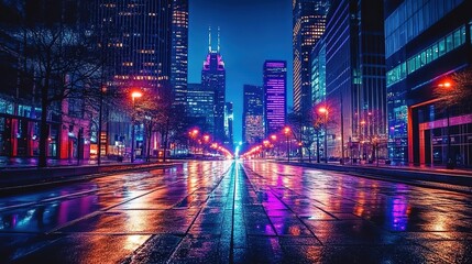 Obraz premium A city street at night, illuminated by neon lights and skyscrapers, with reflections on the wet pavement.