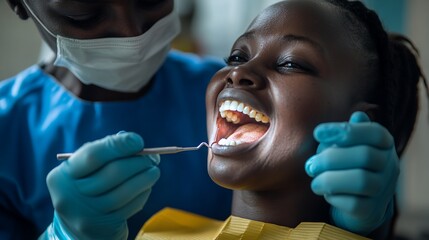 A dental professional examines a patient's teeth in a clinical setting.