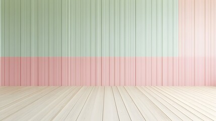 Pastel Dream: A soft and airy backdrop with vertical wood paneling in a delicate blend of mint and blush pink. The warm wood floor adds a touch of natural beauty.