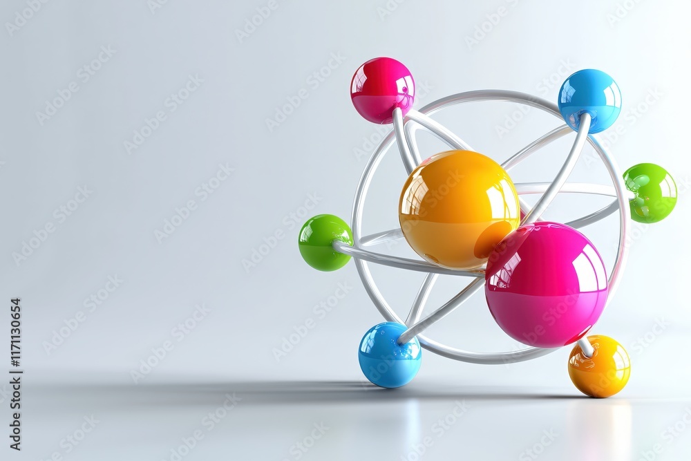 Aufkleber colorful 3d model of atom with multicolored spheres and connecting lines on light background