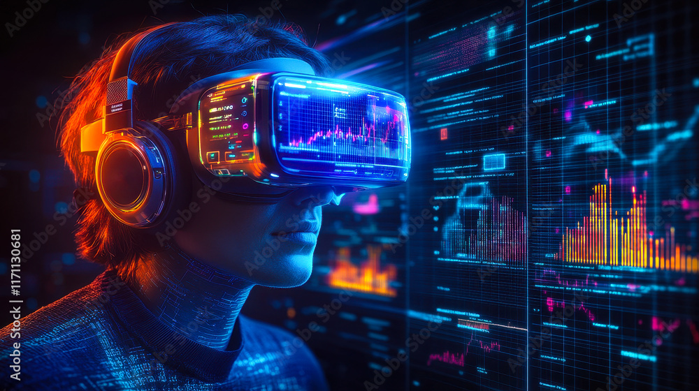 Aufkleber neobank customer engaging with financial data using ar headset and interactive charts