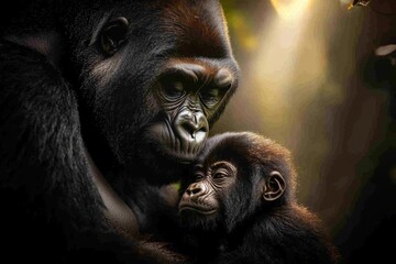 Obraz premium A family of gorillas sitting in a clearing, surrounded by dense jungle vegetation and shafts of sunlight