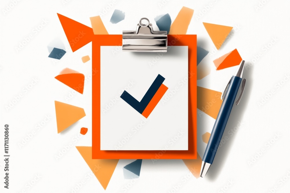Aufkleber a flat design of a clipboard with a resume icon and a checkmark, set against a plain white backgroun