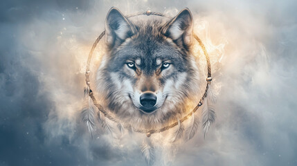 Majestic wolf's head surrounded by a dreamcatcher